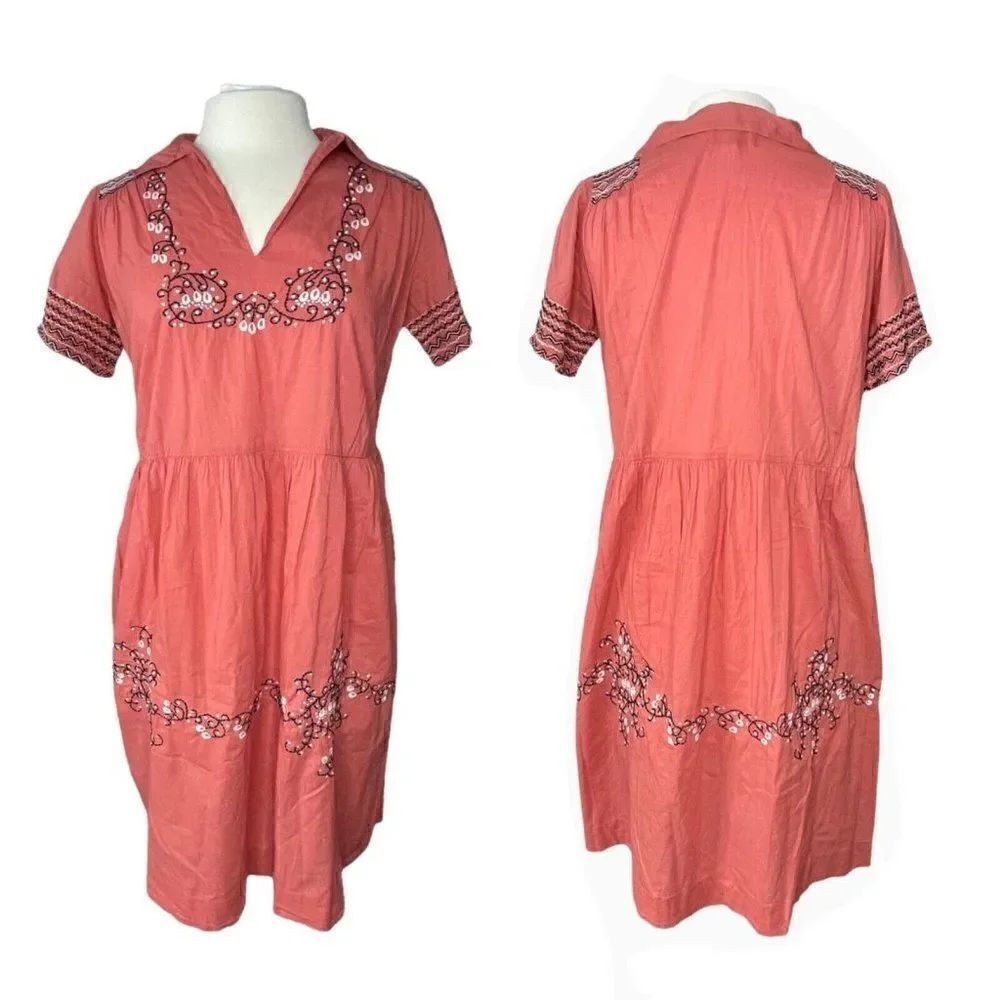 Anthropologie Lazybones Pink Embroidered Dress